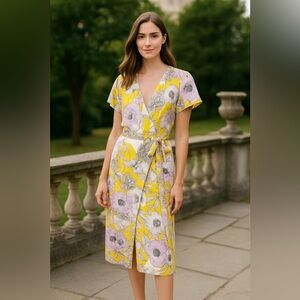 Yumi Kim Silk Wrap Midi Dress S Yellow Floral Wedding Guest Vacation Resort Work